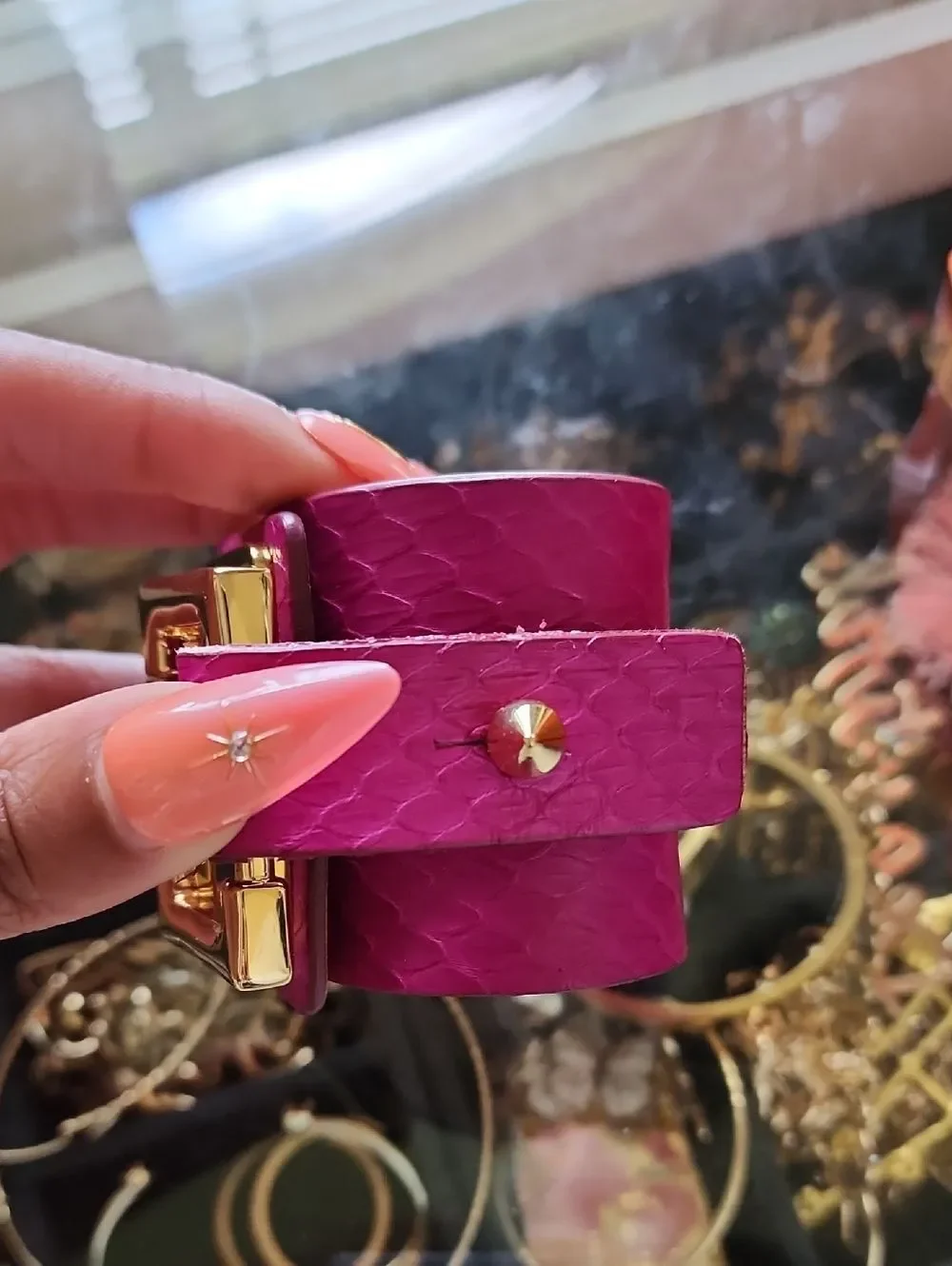 Barbara Bui Fuchsia Leather Bracelet with Gold-Tone Buckle